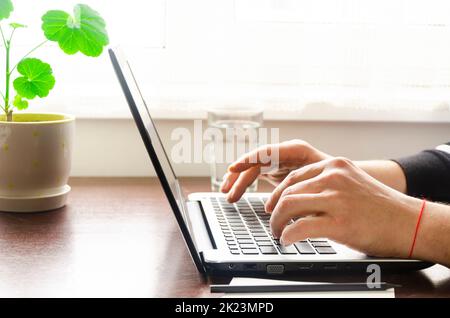 Freiberuflicher Arbeitsplatz an einem Tisch in der Nähe des Fensters. Heimbüro Stockfoto