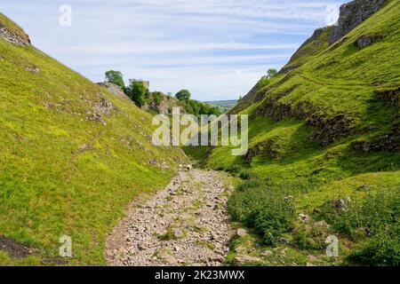 Steile, mit Gras bedeckte Hänge auf beiden Seiten eines zerklüfteten Pfades durch Cave Dale. Stockfoto