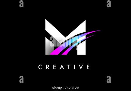 Buchstabe M Logo Design Vektor mit geschwungenen lila blauen Swoosh Linien und kreativen Look. Elegante Initial Modern M Logo Icon Idee Vektor Illustration. Stock Vektor