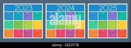 Farbenfroher Kalender für 2023, 2024 und 2025 Jahre. Die Woche beginnt am Sonntag. Isolierte Vektordarstellung. Stock Vektor