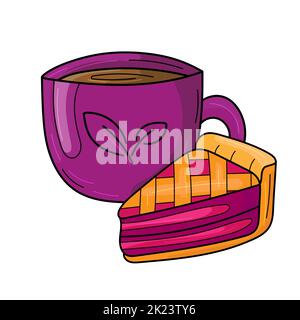 Dessert mit Beeren und einer Tasse Tee. Niedliche Cartoon-Bild auf weiß. Herbststimmung. Helle Farben Stock Vektor