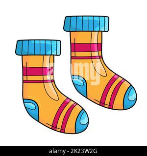 Leuchtend orange und blau warme Herbst-Stricksocken, Vektorgrafik im Cartoon-Stil auf weißem Hintergrund Stock Vektor