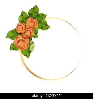 Goldene runde Rahmen mit Rosen Blumen und Blätter in Cartoon-Stil isoliert auf weißem Hintergrund dekoriert. Vorlage für Begrüßung, Einladung. Vektorgrafik Stock Vektor