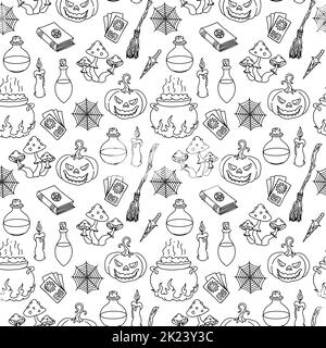 Halloween Vektor-Muster, monochromes Halloween-Muster, schwarz-weiße Symbole. Stock Vektor