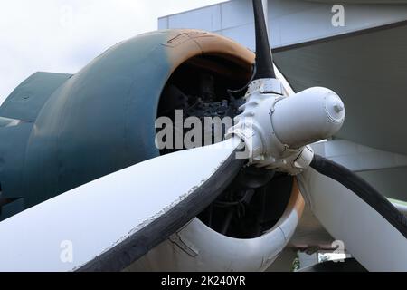 Nahaufnahme von Motor und Propeller des Oldtimer-Flugzeugs. Stockfoto