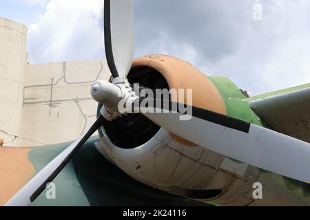 Nahaufnahme von Motor und Propeller des Oldtimer-Flugzeugs. Stockfoto