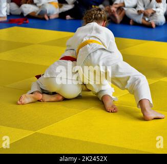 Zwei Mädchen judoka im Kimono konkurrieren auf dem Tatami Stockfoto