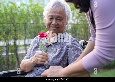 Altenpfleger Tochter umarmen und helfen asiatische ältere oder ältere alte Dame Frau mit roten Rose auf Rollstuhl im Park. Stockfoto