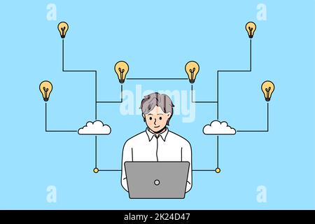 Kreativität Innovation und Geschäftsidee Konzept. Junger positiver Geschäftsmann, der mit einem Laptop sitzt und an einem Projekt arbeitet, das großartige innovative Ideen entwickelt Stockfoto