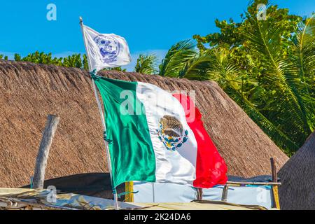 Holbox Mexiko 21. Dezember 2021 mexikanische grün-weiße rote Flagge auf der schönen Holbox Insel mit blauem Himmel und Palmen in Quintana Roo Mexiko. Stockfoto