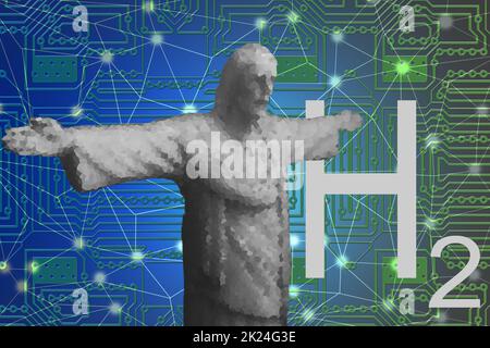 Graue jesus-Statue mit einem Facetteneffekt mit h2 Wasserstoffenergie und einem Netzwerkhintergrund Stockfoto