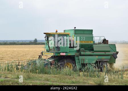 Russland, Poltavskaya Dorf - 6. September 2015: Mähdrescher Don Agricultural Machinery Stockfoto