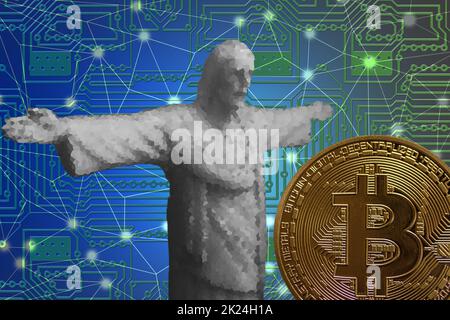 Graue jesus-Statue mit Facetteneffekt mit goldenem wertbarem Bitcoin und Netzwerkhintergrund Stockfoto