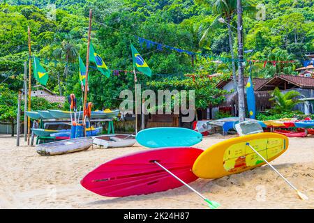 Bunte Surfbretter mit brasilianischer Flagge am herrlichen Mangrovenstrand und Pouso Strand auf der großen tropischen Insel Ilha Grande Rio de Janeiro Brasilien. Stockfoto