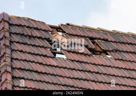 Der Hurrikan 'Zeynep' entwickelte gewaltige Kräfte und hielt die Berliner Feuerwehr in Spannung. In der Berliner Hermannstraße wurden mehrere Dächer durch t beschädigt Stockfoto