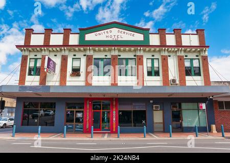 Das Vine Valley Inn im historischen Gebäude des ehemaligen United Services Hotels ist ein einzigartiger Ort im Hunter Valley - Cessnock, NSW, Australien Stockfoto