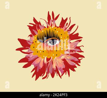 Zeitgenössisches Kunstdesign. Augapfel in Blüte. Modernes konzeptuelles Kunstposter mit schönem Auge im Mas-Surrealismus-Stil. Stockfoto