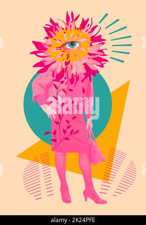 Abstrakte zeitgenössische Kunst Design mit Geschäftsfrau mit Blumenkopf auf farbigem Hintergrund stehen. Stockfoto