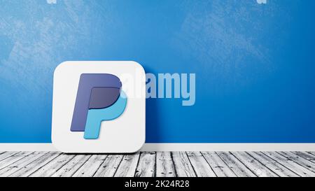 PayPal Logo Icon 3D Symbolform auf Holzboden an blauer Wand mit Copy Space 3D Render Illustration Stockfoto