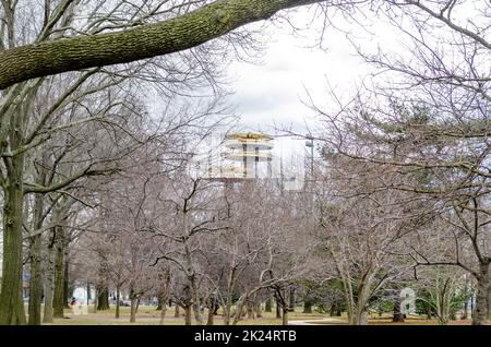 New York State Pavilion Observation Towers mit vielen Bäumen und Ästen im Vordergrund, Flushing-Meadows-Park, New York City während des bewölkten Winters d Stockfoto