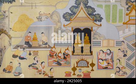 CHIANG RAI, THAILAND - 29. Dezember 2016: Buddhistischer Tempel Wandmalerei im Wat Phra Singh in Chiang Rai, Thailand Stockfoto