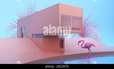 Minimalistisches, modernes Privathaus in Pink mit Flamingos. 3D Rendern Stockfoto