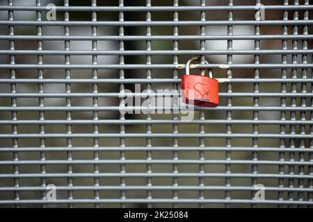 Einsames Liebessschloss auf einer Bank im Münchner Stadtzentrum, Deutschland - Lonely love Lock on a Bank in Munich City Centre, Germany Stockfoto