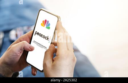 New York, USA, September 2021: Frau startet die mobile App von Pfau TV auf ihrem Smartphone. Pfau ist ein amerikanischer Video-Streaming-Dienst Stockfoto