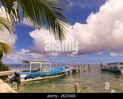 Roatan, Honduras - 26. April 2022: Die Menschen beim Schnorcheln unter Wasser und Angeln Tour mit dem Boot an der Karibik in Roatan, Honduras Stockfoto