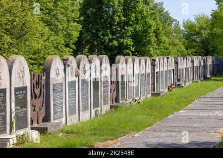 Lublin, Polen - 24. Mai 2022: Neuer jüdischer Friedhof, Reihe mit vielen jüdischen Gräbern mit Matzewa und Epitaphen Stockfoto