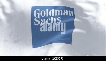 New York, USA, Juni 2022: Flagge mit dem Goldman Sachs-Logo, das im Wind winkt. Goldman Sachs ist eine amerikanische multinationale Investmentbank Stockfoto