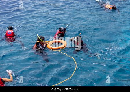 Dahab, Ägypten - 10. September 2021: Gruppe von Menschen in Schwimmwesten schnorcheln im Roten Meer über einem Korallenriff Stockfoto