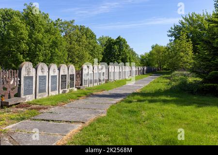 Lublin, Polen - 24. Mai 2022: Neuer jüdischer Friedhof, Reihe mit vielen jüdischen Gräbern mit Matzewa und Epitaphen Stockfoto