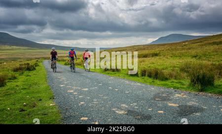 Drei Radsportler, die sich auf einem Landweg in der Nähe von Halton Gill mit Blick auf den Berg Pen-y-gent hinter sich, den Yorkshire Dales Nationalpark, Stockfoto