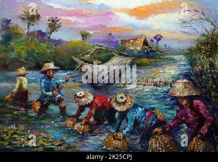 Professioneller Künstler handgemalt Original Impressionismus Meisterwerke Maler Kunst Malerei Ölfarbe ländliches Leben Hand Angeln Farmer Landschaft Blick Stockfoto