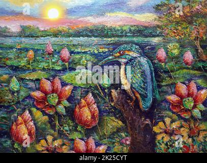 Professioneller Künstler handgemalt Original-Impressionismus Meisterwerke Maler Kunst Königfischer kommen an den See für die natürliche Schönheit der Fische Landschaft Stockfoto