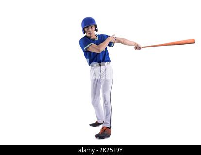 Baseballspieler in Aktion und isoliert auf Weiß Stockfoto