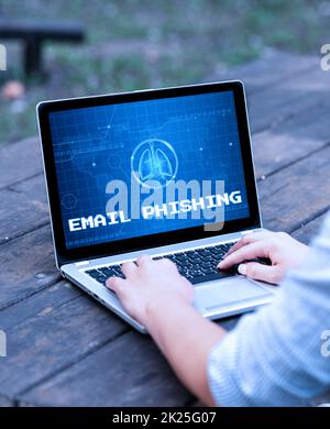 Handschriftliche Schilder E-Mail Phishing. E-Mails zu Geschäftskonzepten, die möglicherweise Links zu Websites enthalten, die Malware verbreiten. Laptop, der auf dem Tisch abgelegt wird Arbeiten im Park Erledigen von Remote-Jobs. Stockfoto