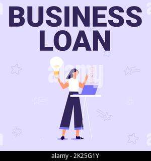 Inspiration mit Zeichen für Business Loan. Words Writed on Credit Mortgage Financial Assistance Cash Advances Debt Illustration von Girl using Laptop having Ideas and Making Checklist. Stockfoto