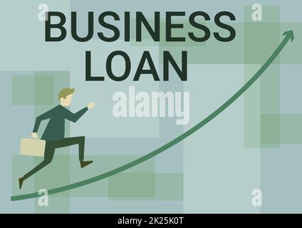 Konzeptionelle Darstellung des Geschäftskredits. Business Showcase Credit Mortgage Financial Assistance Cash Advances Debt Business Business-Mann führt Upward Holding Briefcase mit Pfeil nach oben. Stockfoto