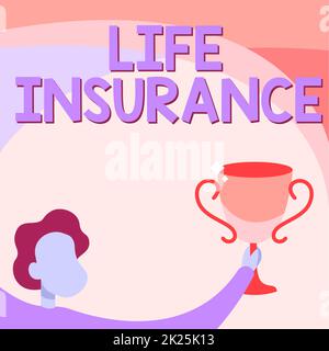 Text zeigt Inspiration Life Insurance. Business Showcase Bezahlung von Sterbegeld oder Verletzung Begräbnis oder medizinischen Anspruch man Hold Trophy Cup Up hoch feiern Sieg Erfolg. Stockfoto