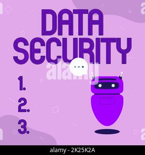 Text mit Inspiration Data Security. Word for Disclosure Disk Encryption Backups Password Shielding Illustration eines niedlichen schwimmenden Roboters, der Informationen in Einer Chat Cloud mitteilt. Stockfoto