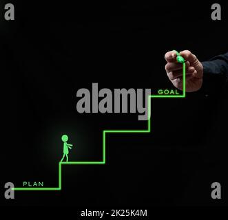 Grüne Schritte, gezeichnet von der Hand eines Mannes und einem Mann, der auf schwarzem Hintergrund vom Plan zum Tor aufsteigt. Karriereentwicklung, persönliche Entwicklung, Unternehmensgründung Stockfoto