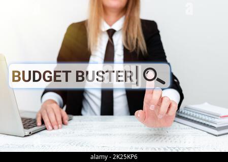 Schreiben mit Anzeige des Textes Budget Buster. Geschäftsidee Carefree Spending Bargets unnötige Käufe Überschreitung der Ausgaben Erklärung des Unternehmensproblems, Abstract Bereitstellung von Lösungen für Streitfälle Stockfoto
