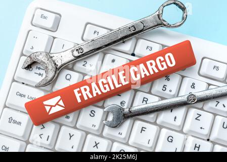 Schrift mit Text Fragile Cargo. Wort für zerbrechlichen Griff mit Care Luftpolsterfolie Glass Hazardous Goods Verbindung mit Online-Freunden, Bekanntschaft im Internet Stockfoto