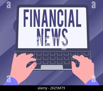 Text mit Inspiration Financial News. Unternehmensüberblick Regulierung und Handel bei der Verwaltung von Investmentbanken Illustration Eines beschäftigten Mitarbeiters, der an der Laptop-Suche nach Ideen arbeitet. Stockfoto