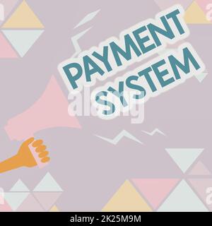 Konzeptioneller Titel Zahlungssystem. Internet Concept Compensation Scheme Methode zur Bezahlung von Waren und Dienstleistungen Illustration der lauten Megaphone-Ankündigung an die Öffentlichkeit. Stockfoto