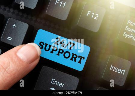Handgeschriebenes Schild 24 oder 7 Unterstützung. Internet-Konzept, das den ganzen Tag und die ganze Nacht Unterstützung bietet Keine Ausfallzeiten beim Kompilieren und Tippen von Online-Forschungsmaterialien, Senden von Chat-Nachrichten Stockfoto