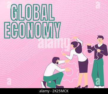 Konzeptionelle Darstellung der globalen Wirtschaft. Wort geschrieben über System of Industry and Trade around the world Capitalism Illustration einer Gruppe, die Stirnradgetriebe hält und jedem bei seiner Arbeit hilft. Stockfoto