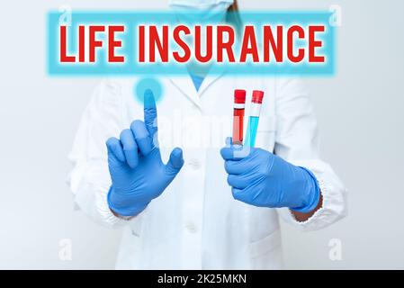 Text zeigt Inspiration Life Insurance. Wort geschrieben auf Zahlung von Sterbegeld oder Verletzung Begräbnis oder medizinischen Anspruch Testmedizin und Impfstoff für Virusinfektion Laborversuchstests Stockfoto